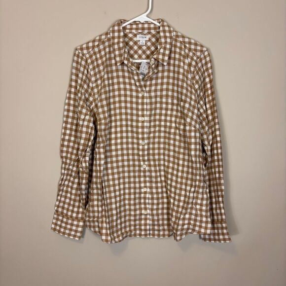 New J. Crew Brown White Checkered Plaid Collared Button Down Shirt Women's Large - Picture 1 of 6